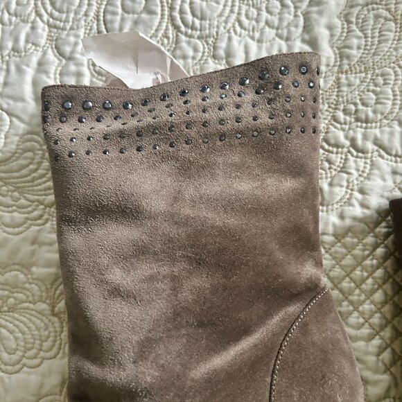 Dark Green Suede Mid-Calf Boots With Rhinestone Accents - Picture 3 of 12
